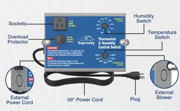 Adjustable Dual Thermostat and Humidity Control Switch